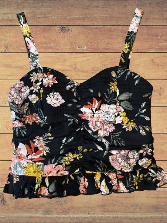 Bog Collective Tops - B.O.G. Collective Smocked Floral Ruffle Crop Top Camisole Black Pink XS